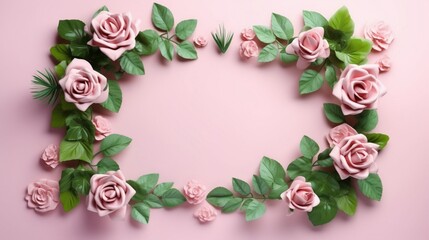 Fototapeta na wymiar Banner with frame made of rose flowers and green leaves on a pink background. Springtime composition with copyspace