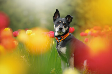 small black dog portrait in tulip flowers blossom park