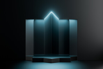 3d illustration of black background with octagonal stage pedestal illuminated by blue light. Octagram scene podium in black for showcase or display