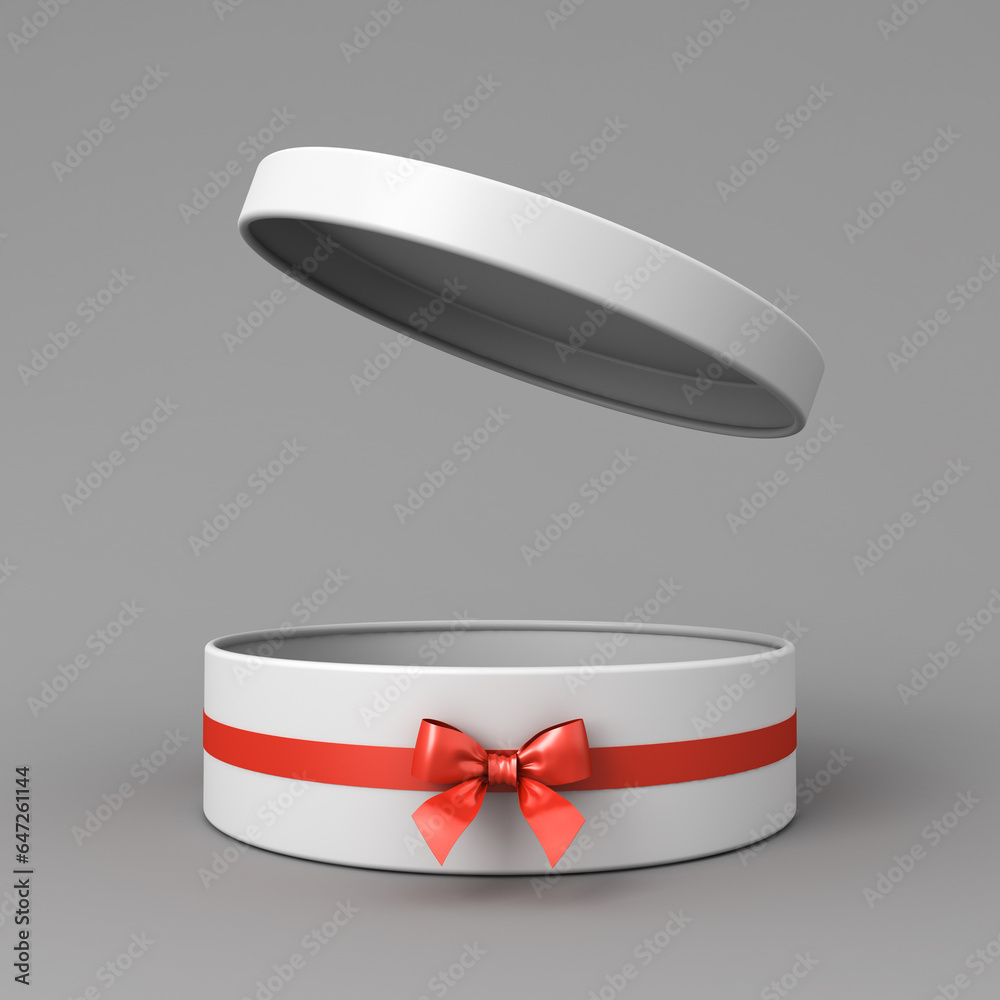 Poster Blank open white round gift box or cylinder present box with red ribbon and bow isolated on dark grey background with shadow minimal conceptual 3D rendering