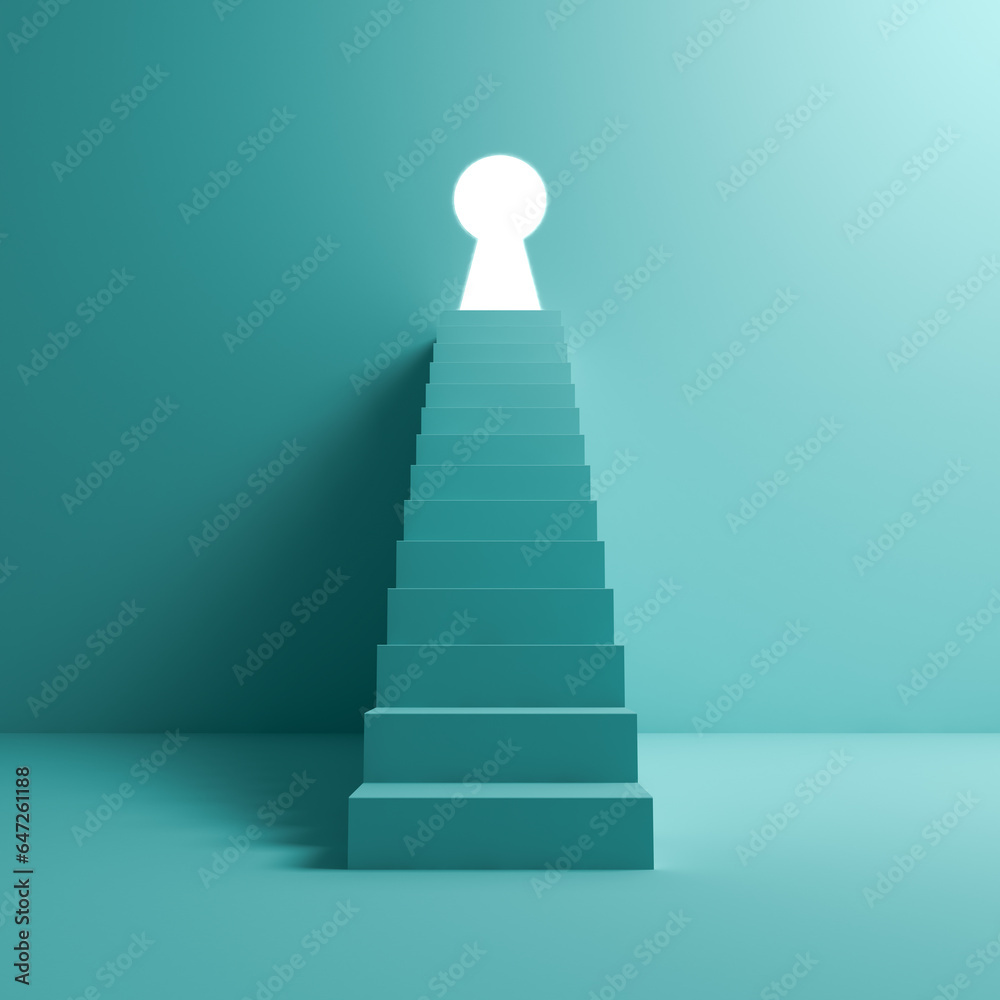 Poster key to success business concepts stairway to heaven bright keyhole on light blue green pastel color 