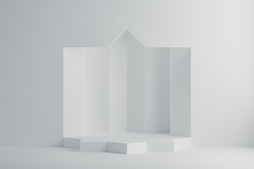 3d illustration of white background with octagonal stage pedestal. Octagram scene podium made of paper for showcase or display