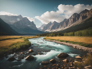 Beautiful landscape of rocky mountains and a flowing river