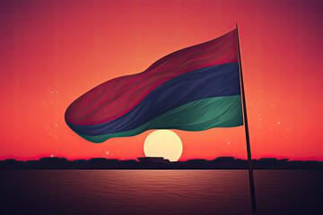 Gambia Flag Against a Beautiful Sunset Skyline