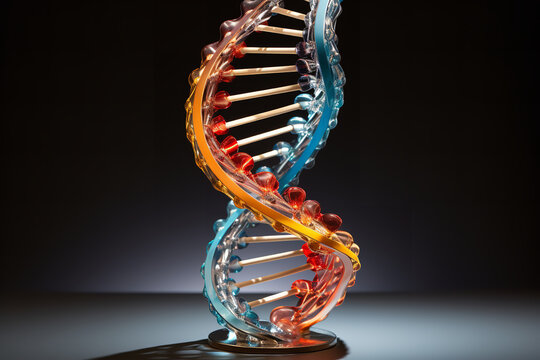A striking DNA double helix model stands tall, annotated with markers pointing to specific genetic traits and characteristics in biological coding
