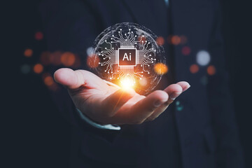 Artificial Intelligence, Chatbot Chat with AI, man using technology smart robot AI, artificial intelligence by enter command prompt for generates something, Futuristic technology transformation.