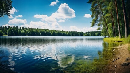 Beautiful lakeside view with lush green trees, blue sky and sunlight