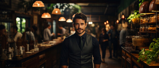 Obraz premium handsome latin waiter working in a cafe wearing shirt, tie