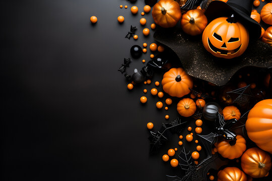 Halloween flat lay background with pumkins and sweets