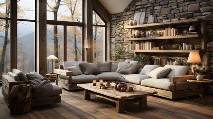 Obraz na płótnie Canvas Interior design of modern living room with wooden spiral staircase