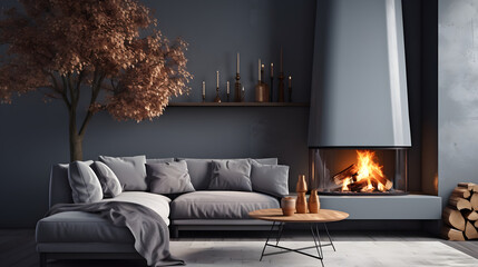  Interior design of scandinavian living room with fireplace and gray sofa 