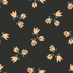 Ditsy seamless pattern with pretty flowers on black background. Retro floral repeat pattern.