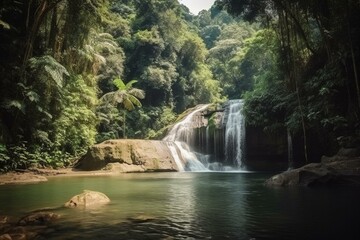 Scenic waterfall in lush jungle, serene park with wide river. Generative AI