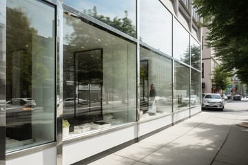 A store with wide glass windows and a white exterior. Generative AI