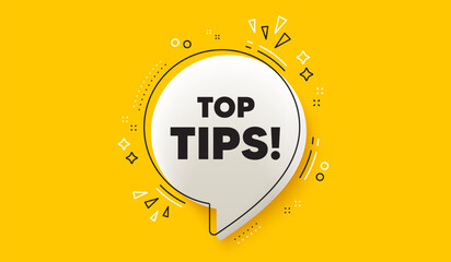 Top tips tag. 3d speech bubble yellow banner. Education faq sign. Best help assistance. Top tips chat speech bubble message. Talk box infographics. Vector