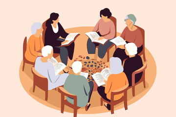 Woman discussion club. Characters sitting in circle. Reading class.a Emotional support and protect, friendship, talk therapy.