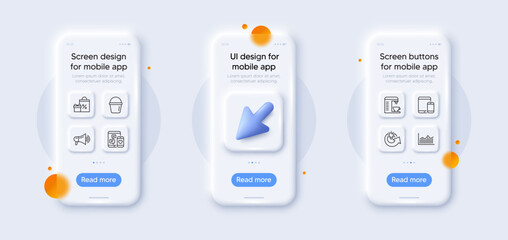 Money diagram, Shopping and Megaphone line icons pack. 3d phone mockups with cursor. Glass smartphone screen. Share idea, Bucket, Coffee machine web icon. Vector