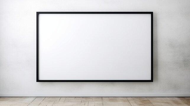 Blank black horizontal picture frame on the white concrete wall and the vintage floor, template design