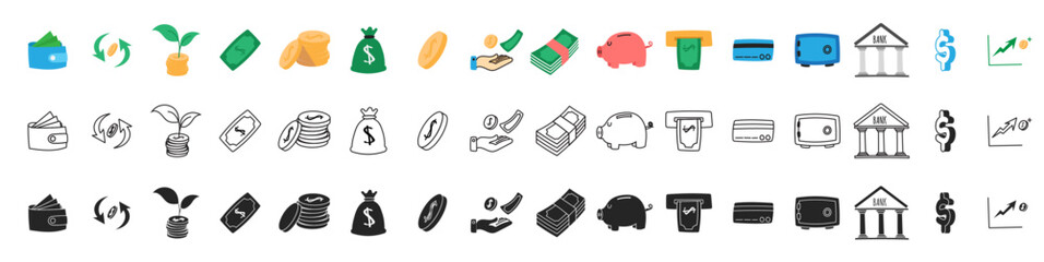 money finance icons set doodle hand drawing style, colorful line icon and black silhouette icon pack bundle © izzul fikry (ijjul)