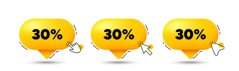 30 percent off sale tag. Click here buttons. Discount offer price sign. Special offer symbol. Discount speech bubble chat message. Talk box infographics. Vector
