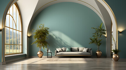  Interior of modern living room with brass coffee table and white armchair, empty wall with turquoise arch. Home design