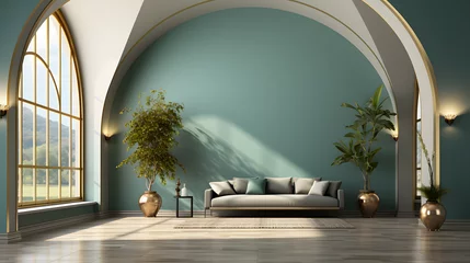 Fotobehang  Interior of modern living room with brass coffee table and white armchair, empty wall with turquoise arch. Home design © master graphics 