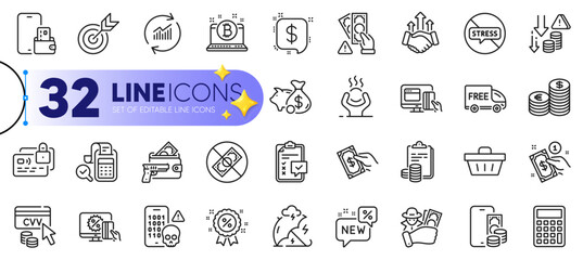 Outline set of Currency, Pay money and Cyber attack line icons for web with Checklist, Free delivery, Accounting thin icon. Bitcoin, Bill accounting, Discount pictogram icon. Cvv code. Vector