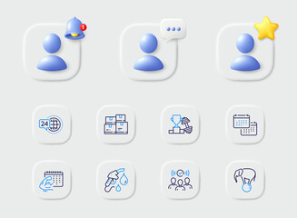 Elephant on ball, Squad and Petrol station line icons. Placeholder with 3d star, reminder bell, chat. Pack of Wholesale inventory, Fitness calendar, Calendar icon. Vector