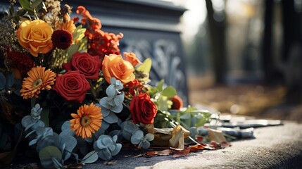 Bouquet of flowers on a grave in the cemetery