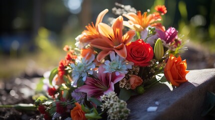 Bouquet of flowers on a grave in the cemetery