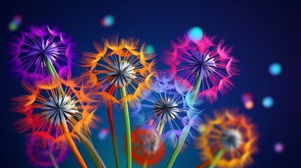 Bouquet of five flowers of blossoming dandelions of unusual colorful colors. Bright multi-colored abstract dandelions on a purple background. Creative conceptual illustration. opy space. 3D render