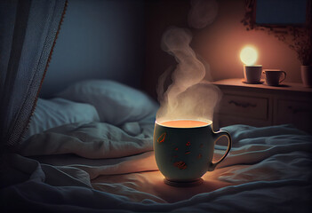 Steam coming from mug of warm coffee on bed at night, in the style of shaped canvas captivating. Generative AI