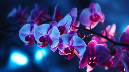 Branch of orchid flowers on dark background in neon light close up - obrazy, fototapety, plakaty