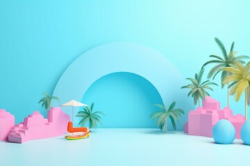 Fototapeta na wymiar Lively summer scene with empty center, pastel blue backdrop for creative layouts. Generative AI