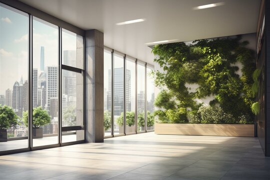 Contemporary hallway with stylish walls, large window, plants, and urban skyline. Realistic visualization. Generative AI