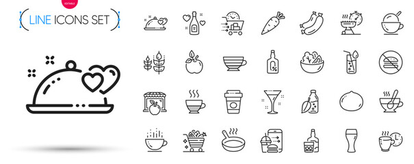 Fototapeta Pack of Food order, Cocktail and Frying pan line icons. Include Alcohol free, Coffee cup, Whiskey glass pictogram icons. Market, Romantic dinner, Ice cream signs. Salad, Coffee break. Vector obraz