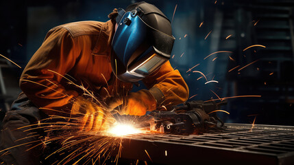 Welder in a protective mask while working in an industrial plant.
