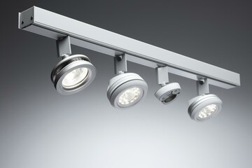 Rotatable LED spotlight suspended from ceiling rail on white background. Generative AI - obrazy, fototapety, plakaty