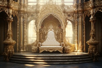 An vacant throne in a majestic palace - a magical story of opulent decorations and a radiant window:. Generative AI