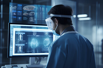 Doctor studying patients scans, medical professional studies patients records, patients anatomy, future of medicine, medical science, digital health, healthcare innovation