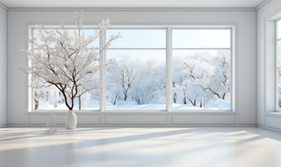View from the window of an empty white room.