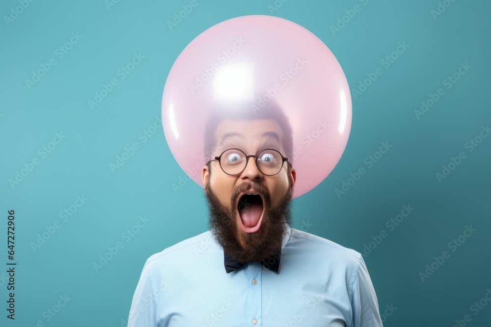 Poster a man with a beard and glasses wearing a pink balloon on his head. this image can be used to depict 