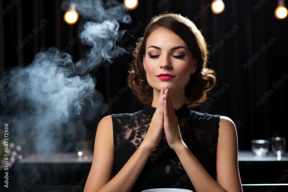 Aufkleber a woman sitting at a table with a bowl of food in front of her. this image can be used to depict a p
