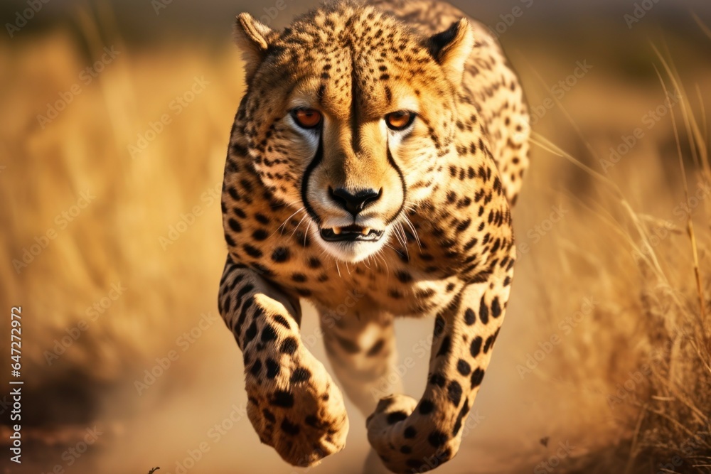 Poster a cheetah sprinting across a vast field of dry grass. perfect for wildlife and nature enthusiasts.