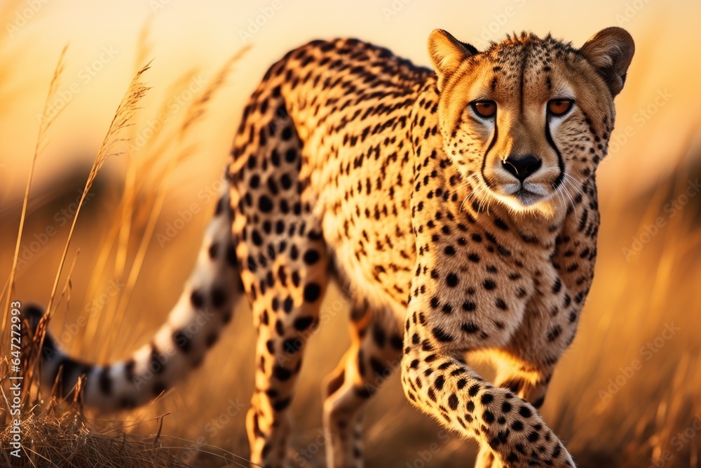 Poster a cheetah gracefully walking through a field of tall grass. this image can be used to depict the bea