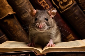 A rat is pictured sitting on top of an open book. This image can be used to represent curiosity, learning, or the concept of studying.