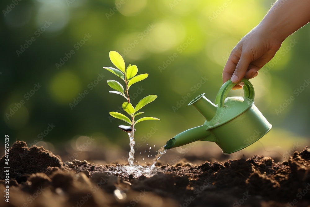 Poster a person is seen watering a plant using a green watering can. this image can be used to depict garde