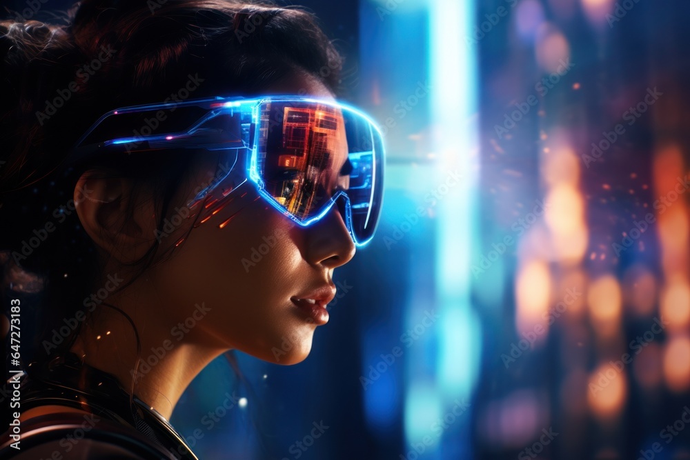 Aufkleber a woman wearing a pair of neon glasses. perfect for adding a pop of color to any project.
