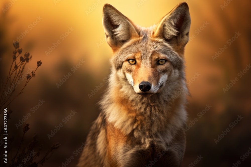 Poster a close up photograph of a wolf in a field. this picture captures the details of the wolf's fur and 