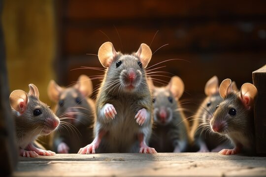 A group of rats standing on their hind legs. Can be used to depict teamwork, unity, or even a rat infestation problem.
